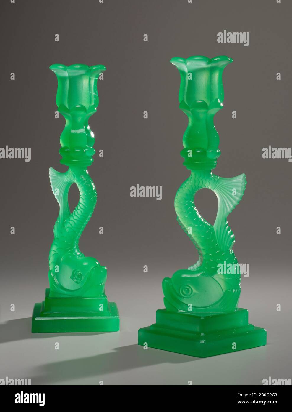 Maker unknown, Pair of Candlesticks, 1920s, Jade green glass, Height: 10 11/16 in. (27.1 cm Stock Photo