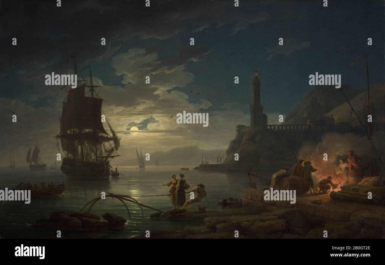 Claude-Joseph Vernet, French, 1714–1789, Coastal Scene in Moonlight, 1769, Oil on canvas, 32 x 51 1/2 in. (81.3 x 130.8 cm Stock Photo