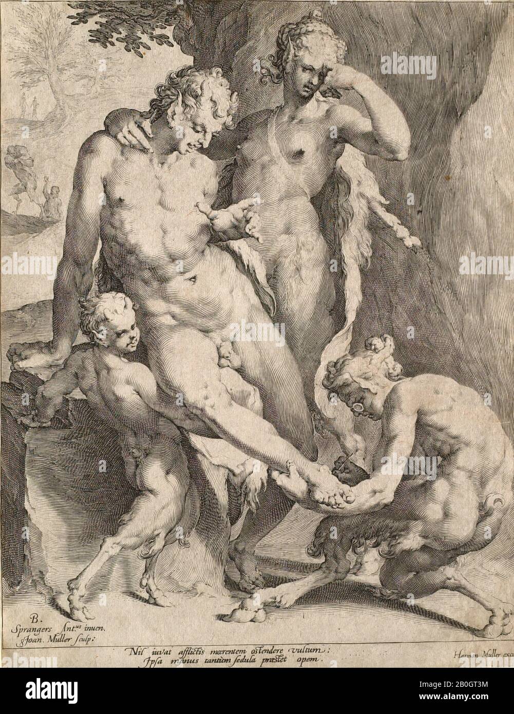 Jan Harmensz Muller, Dutch, 1571–1628, After Bartholomaeus Spranger, (Flemish, 1546–1611), A Satyr Pulling a Thorn out of the Foot of a Faun, Engraving on paper, image: 10 7/16 x 8 3/16 in. (26.5 x 20.8 cm Stock Photo