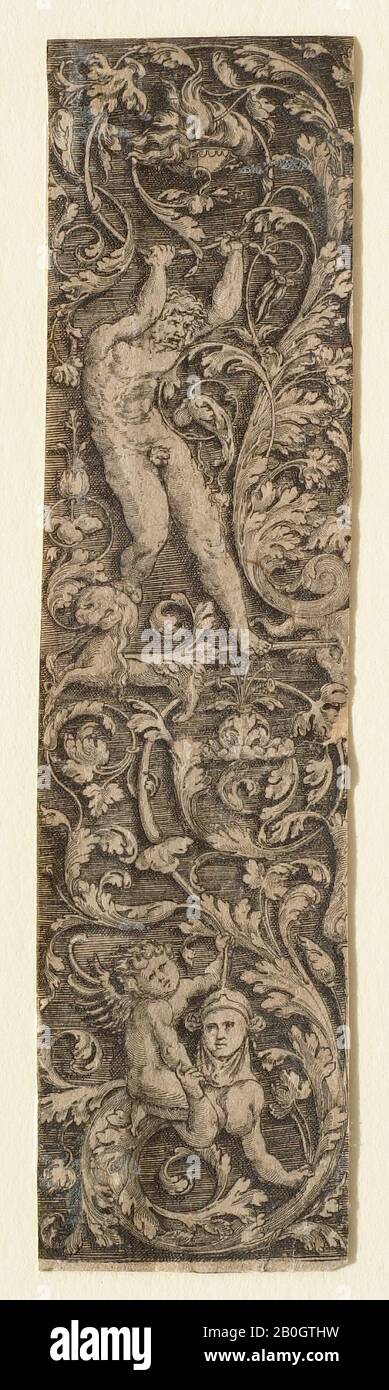 Master with the Horse's Head, Decorative Design: Wild Man and Sphinx in Border, Engraving on paper, image: 5 3/8 x 1 5/16 in. (13.7 x 3.4 cm Stock Photo