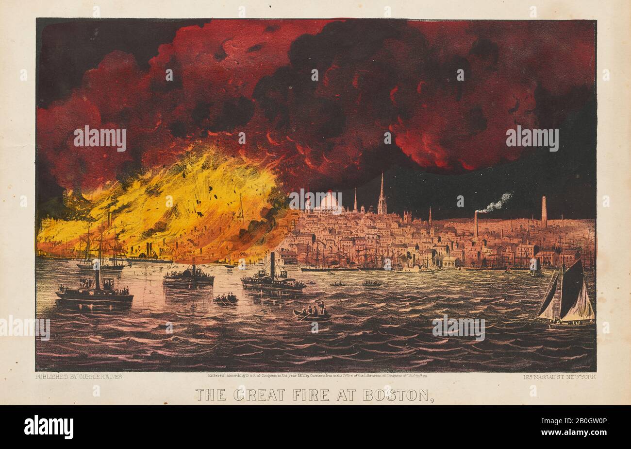 Unknown, Currier & Ives, (American, 1834–1907), The Great Fire at Boston, Nov. 9 & 10, 1872, 1872, Lithograph on paper, image: 7 15/16 x 12 11/16 in. (20.1 x 32.2 cm Stock Photo