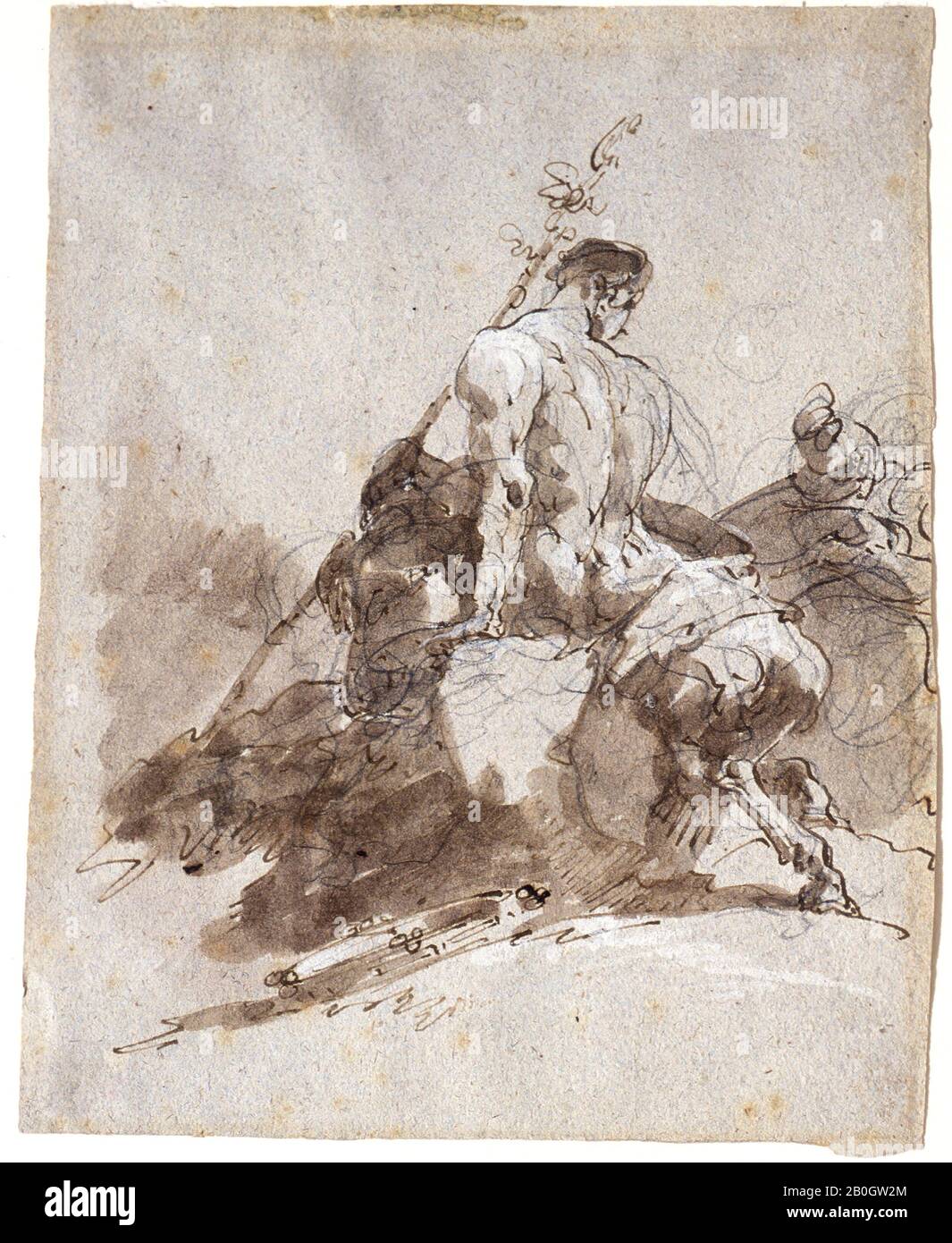 Giuseppe Bernardino Bison, Italian, 1762–1844, Satyr, Seated on a Rock, Seen from Behind, 1790s, Black chalk, pen and ink, and brown wash with white heightenings on brown laid paper, Overall: 9 15/16 x 7 13/16 in. (25.2 x 19.8 cm Stock Photo