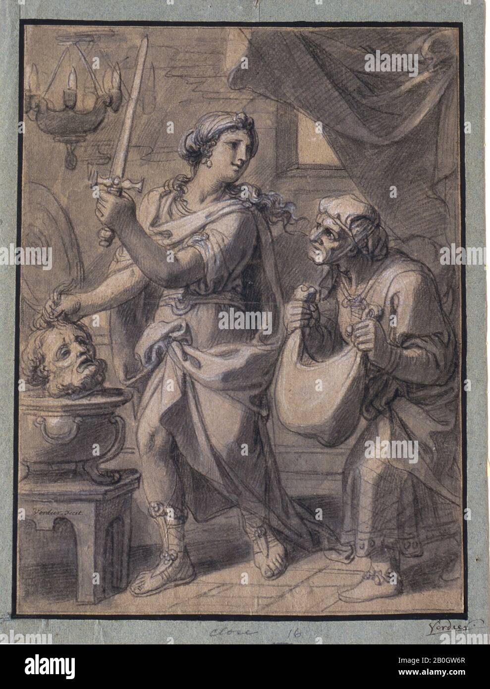 François Verdier, French, 1651–1730, Judith and Her Servant with the Head of Holofernes, 1661–1730, Black chalk with white heightenings and gray wash on paper, affixed to sheet of laid paper with old blue border, Overall: 13 1/4 x 9 15/16 in. (33.6 x 25.2 cm Stock Photo