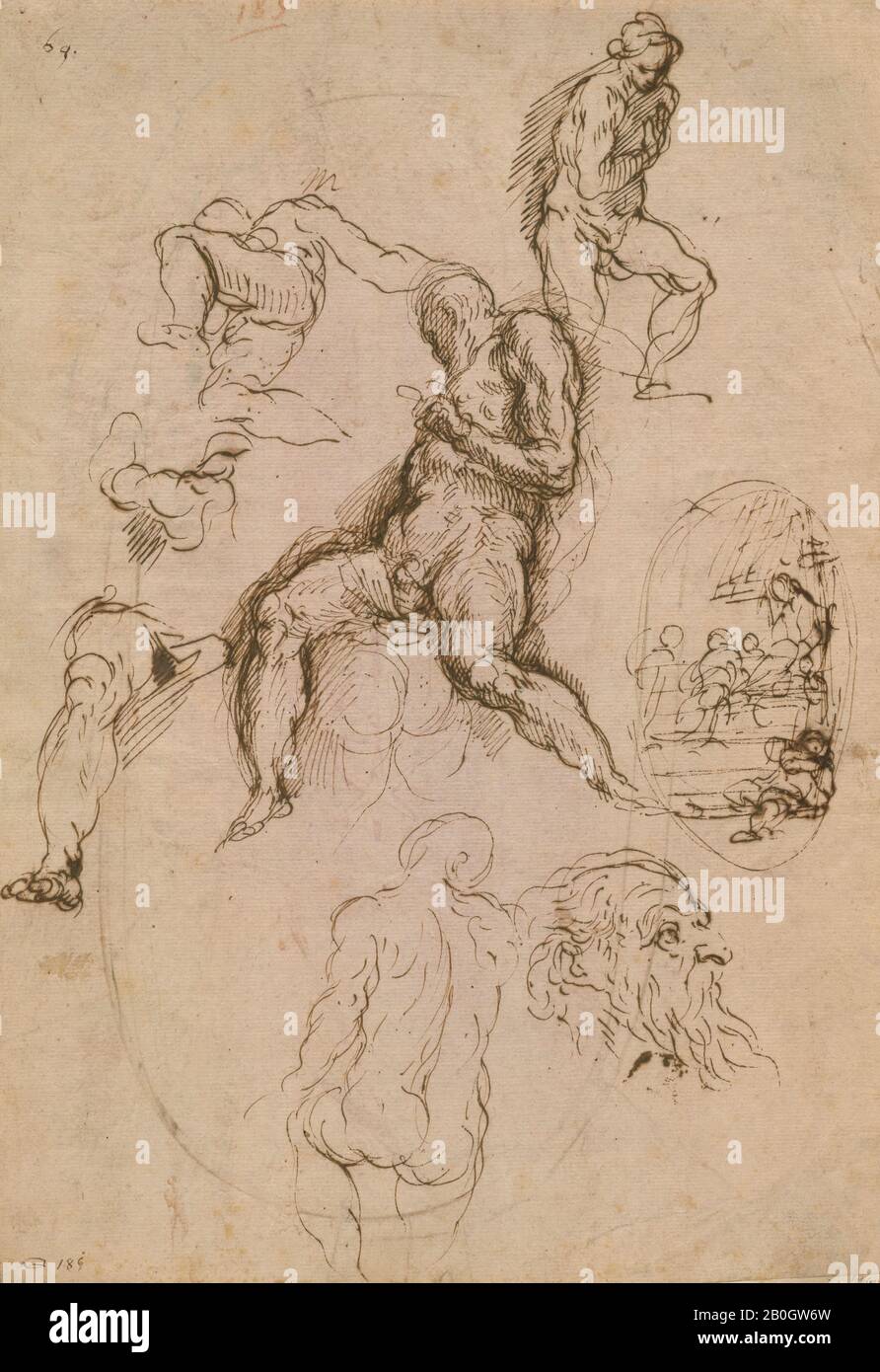Jacopo Palma, il giovane, Italian, c. 1548–1648, Sheet of Studies for Painting in the Salone del Maggior Consiglio, Ducal Palace, Venice, c. 1578, Pen and brown ink on laid paper, Overall: 11 13/16 x 8 1/8 in. (30 x 20.7 cm Stock Photo