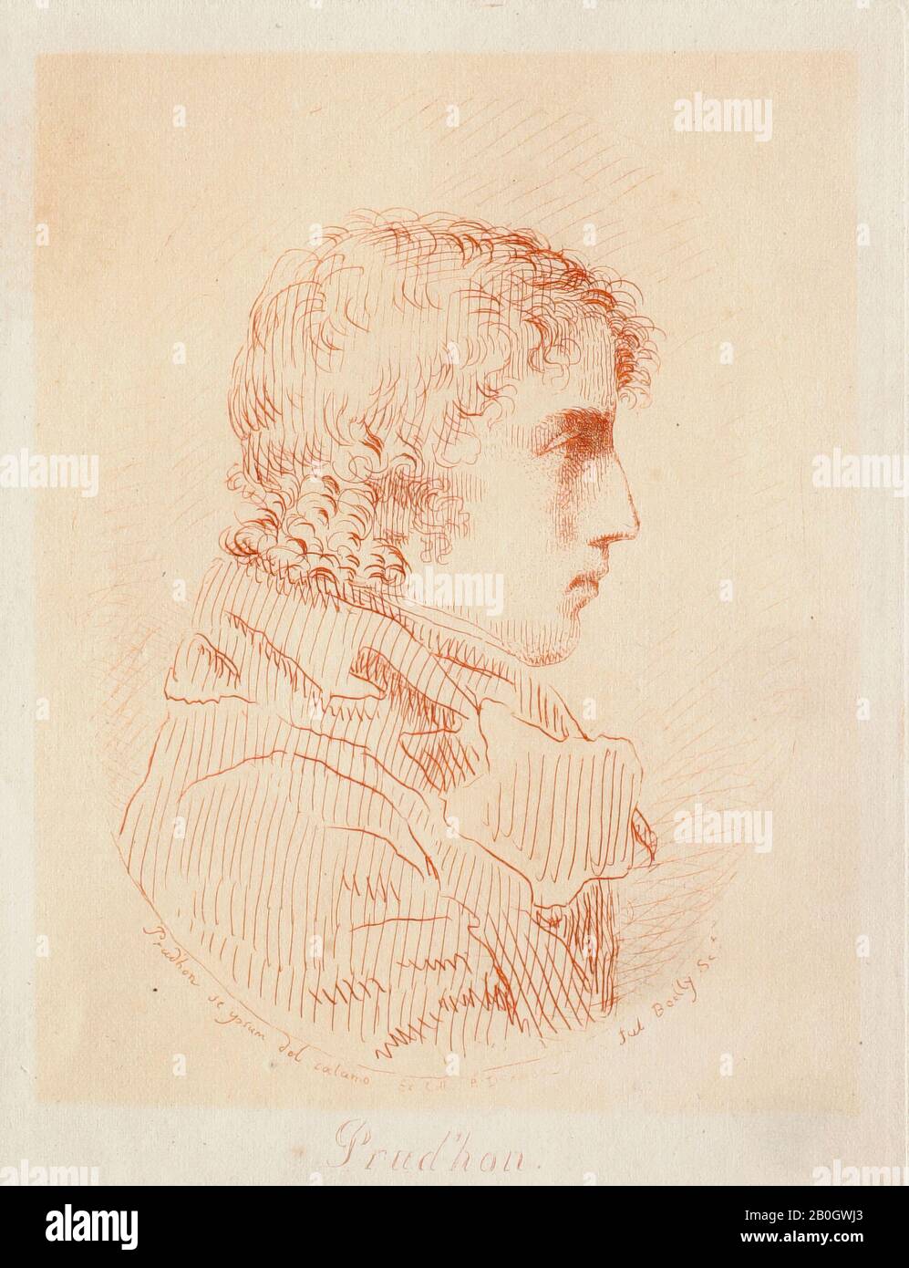 Julien Leopold Boilly, French, 1796–1874, After Pierre-Paul Prud'hon, (French, 1758–1823), Self-Portrait, 1806–1874, Etching in red ink on wove paper, image: 7 1/8 x 5 1/8 in. (18.1 x 13 cm Stock Photo