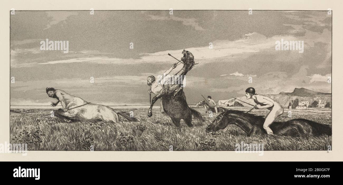 Max Klinger, German, 1857–1920, Intermezzi, Opus IV, Bl. 3: Verfolgter Centaur (Centaur Pursued), 1881, Etching and aquatint on paper, image: 6 1/2 x 14 7/8 in. (16.5 x 37.8 cm Stock Photo