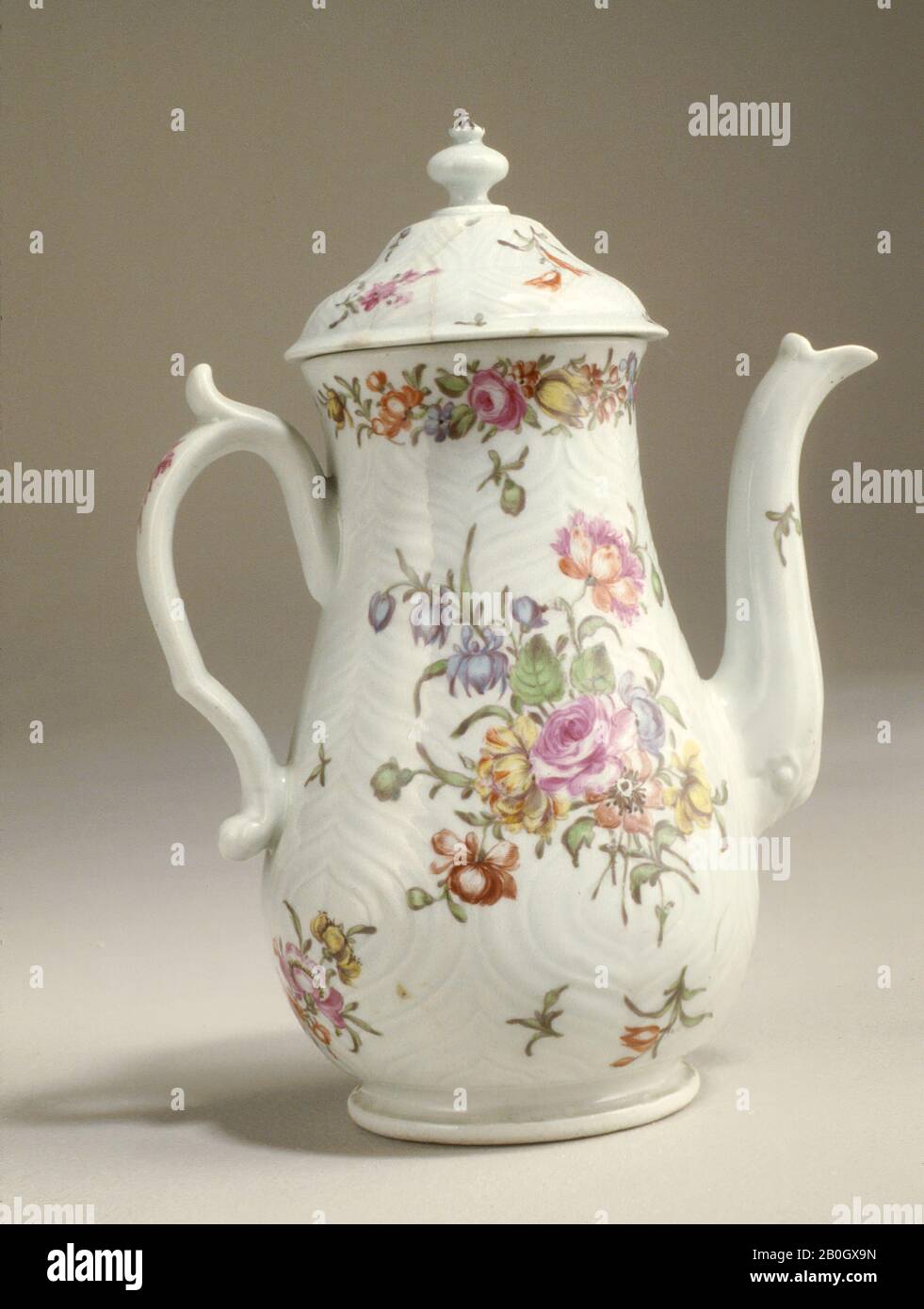 Worcester Porcelain Manufactory, English, 1751–present, Coffeepot and Cover, c. 1760, Soft-paste porcelain, 8 x 6 3/16 x 1 9/16 in. (20.3 x 15.7 x 4 cm Stock Photo