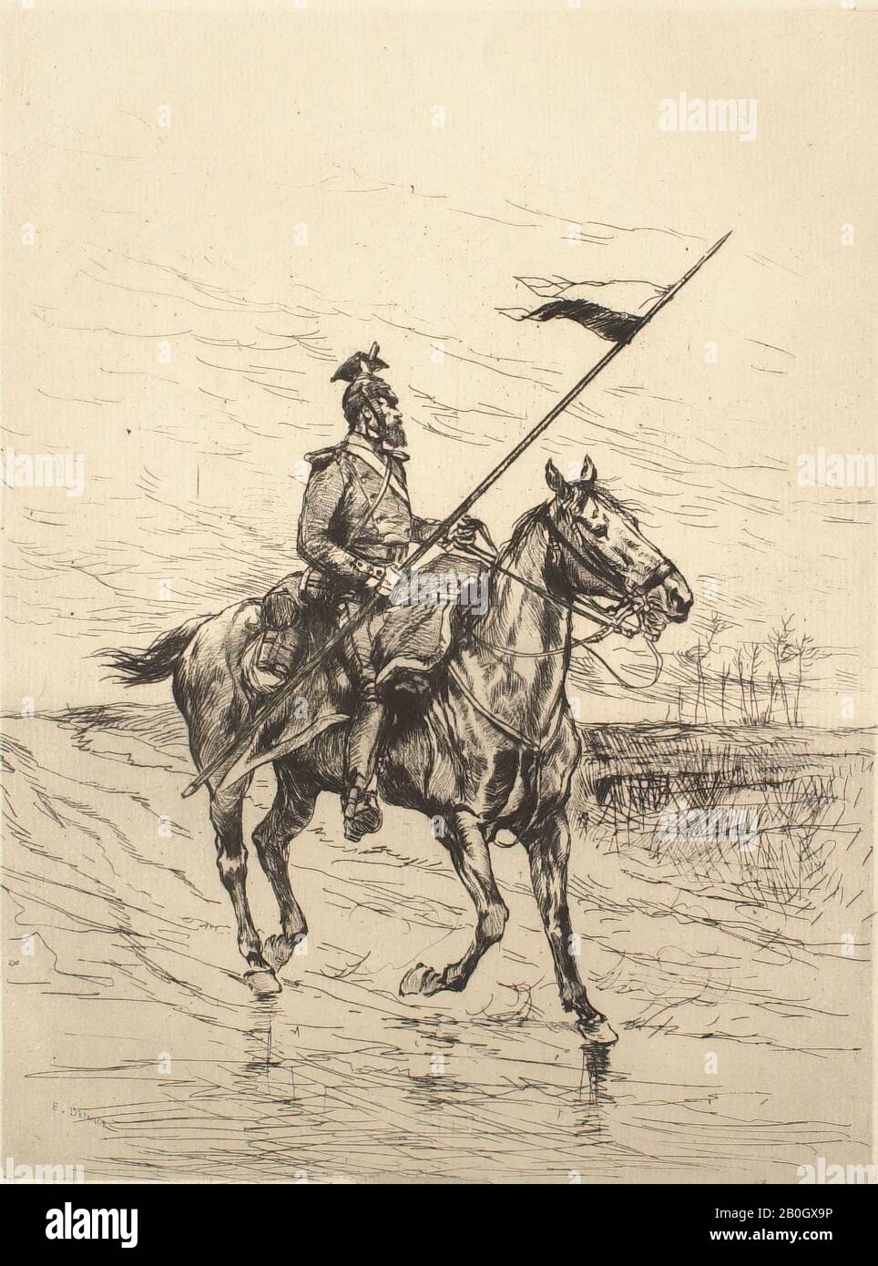 Jean Baptiste Edouard Detaille, French, 1848–1912, An Uhlan (mounted soldier with a pike), 1870s, Etching on wove paper, image: 11 x 8 3/8 in. (28 x 21.2 cm Stock Photo
