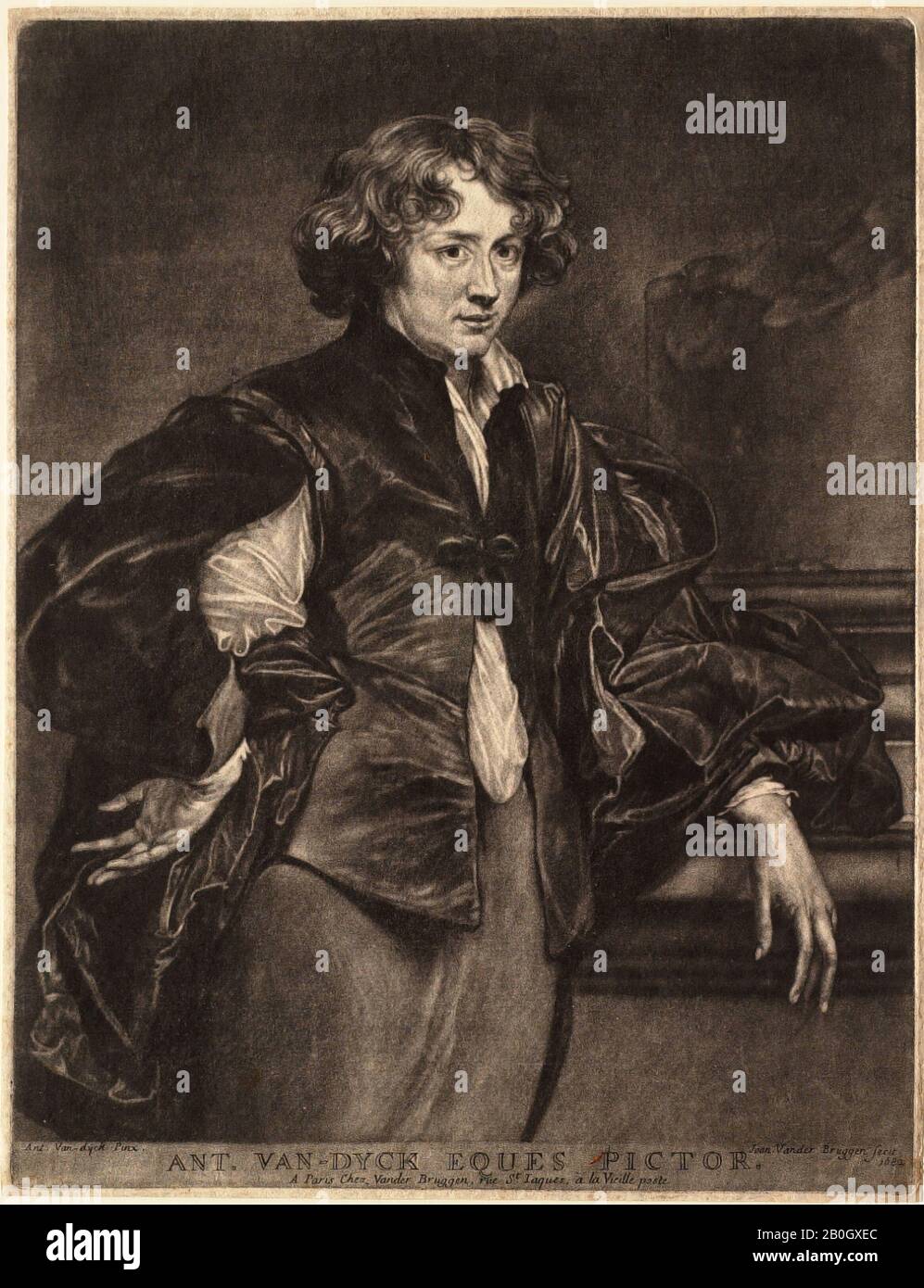 Jan van der Bruggen, Flemish, c. 1648–1714, After Anthony van Dyck, (Flemish, 1599–1641), Self Portrait, 1682, Mezzotint on paper, image: 11 3/8 x 8 13/16 in. (28.9 x 22.4 cm Stock Photo