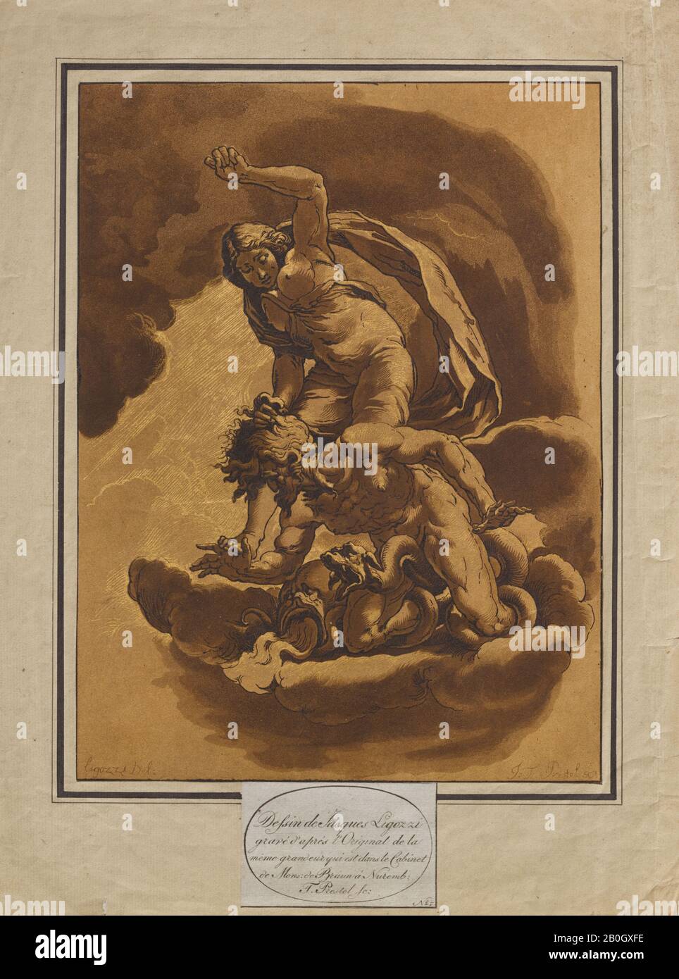Johann Gottlieb Prestel, German, 1739–1808, after Jacopo Ligozzi, (Italian, 1547–1627), Allegorical Composition: Virtue Overcoming Sin, 1780, Color etching and aquatint, with gold woodcut additions, on paper, image: 12 1/16 x 8 in. (30.6 x 20.3 cm Stock Photo