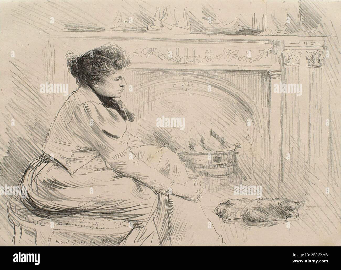 Norbert Goeneutte, French, 1854–1894, By the Fireside, 1894, Lithograph on chine collé, Chine: 9 1/2 x 13 3/16 in. (24.1 x 33.5 cm Stock Photo
