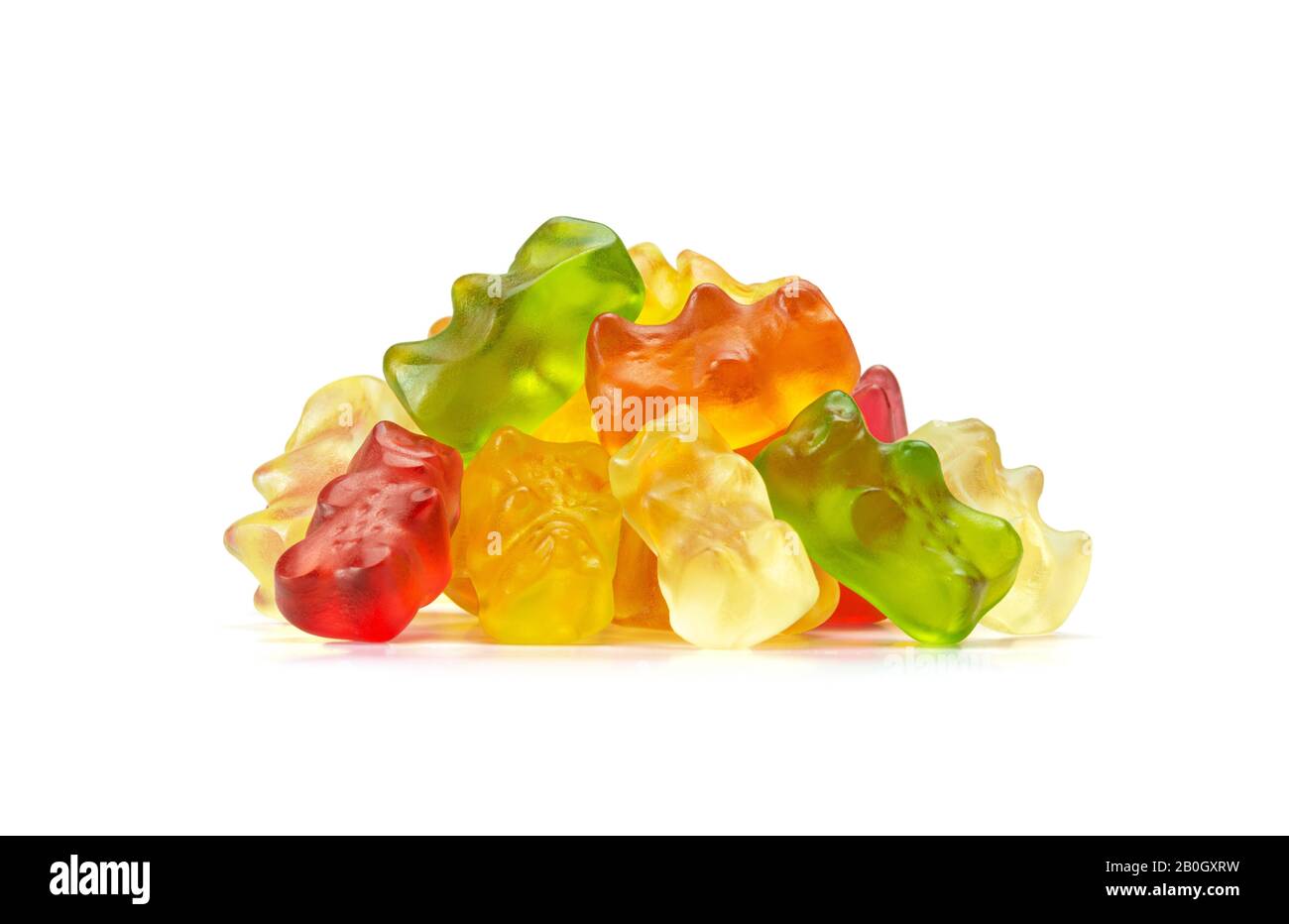Macro of Assorted Fruit Flavored Gummy Bears or Cannabis Edibles Isolated on White Background Stock Photo