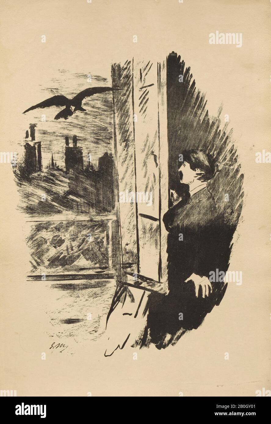 Édouard Manet, French, 1832–1883, Edgar Allan Poe, (American, 1809–1849), Raven in Flight (ex libris), From The Raven, 1875, Lithograph on paper, Plate: 10 1/8 x 11 1/4 in. (25.7 x 28.6 cm Stock Photo