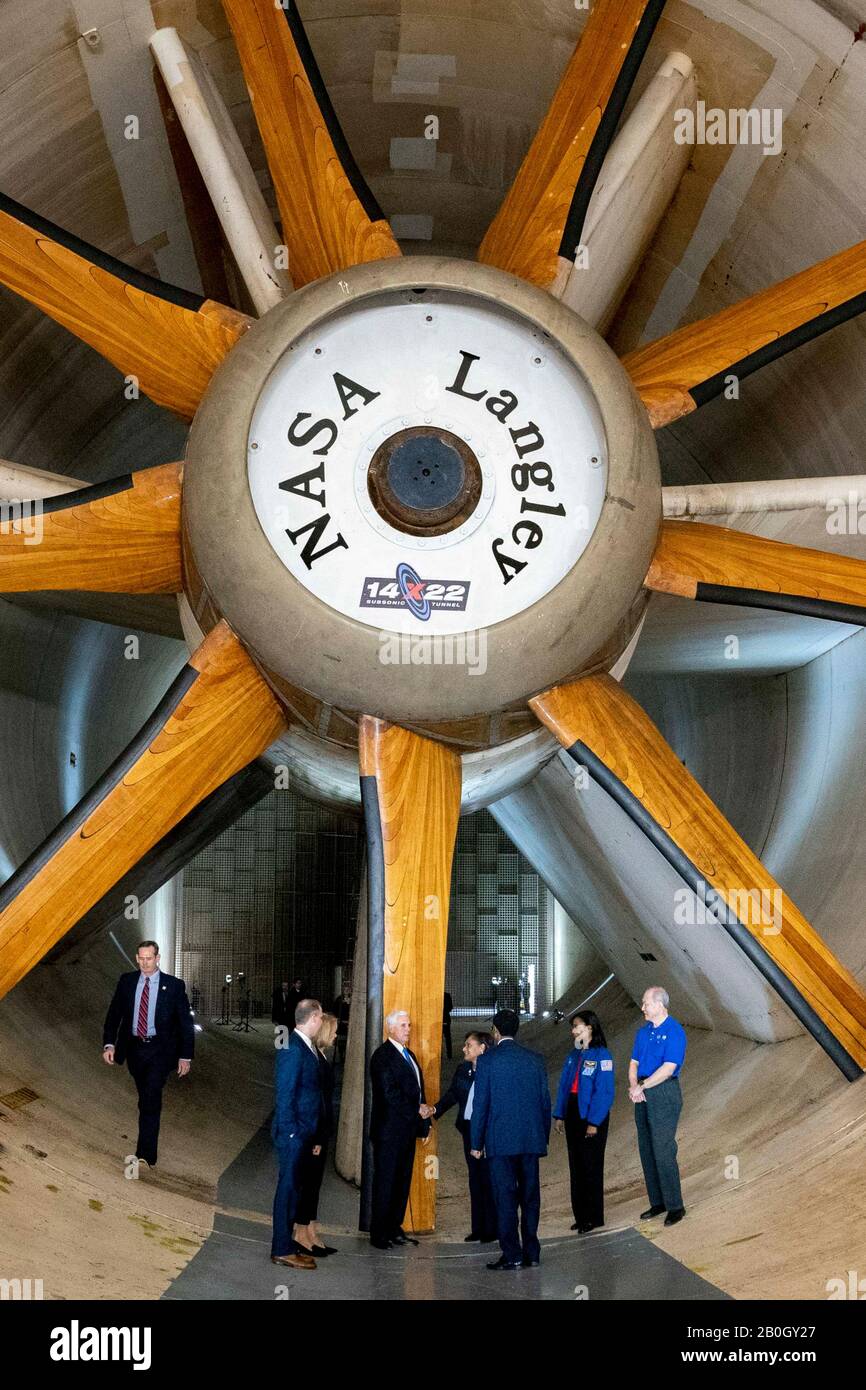 Hampton Roads, United States. 19 February, 2020. U.S Vice President Mike Pence during a tour of the 14x22 Subsonic Wind Tunnel at the NASA Langley Research Center February 19, 2020 in Hampton, Virginia.   Credit: D. Myles Cullen/White House Photo/Alamy Live News Stock Photo