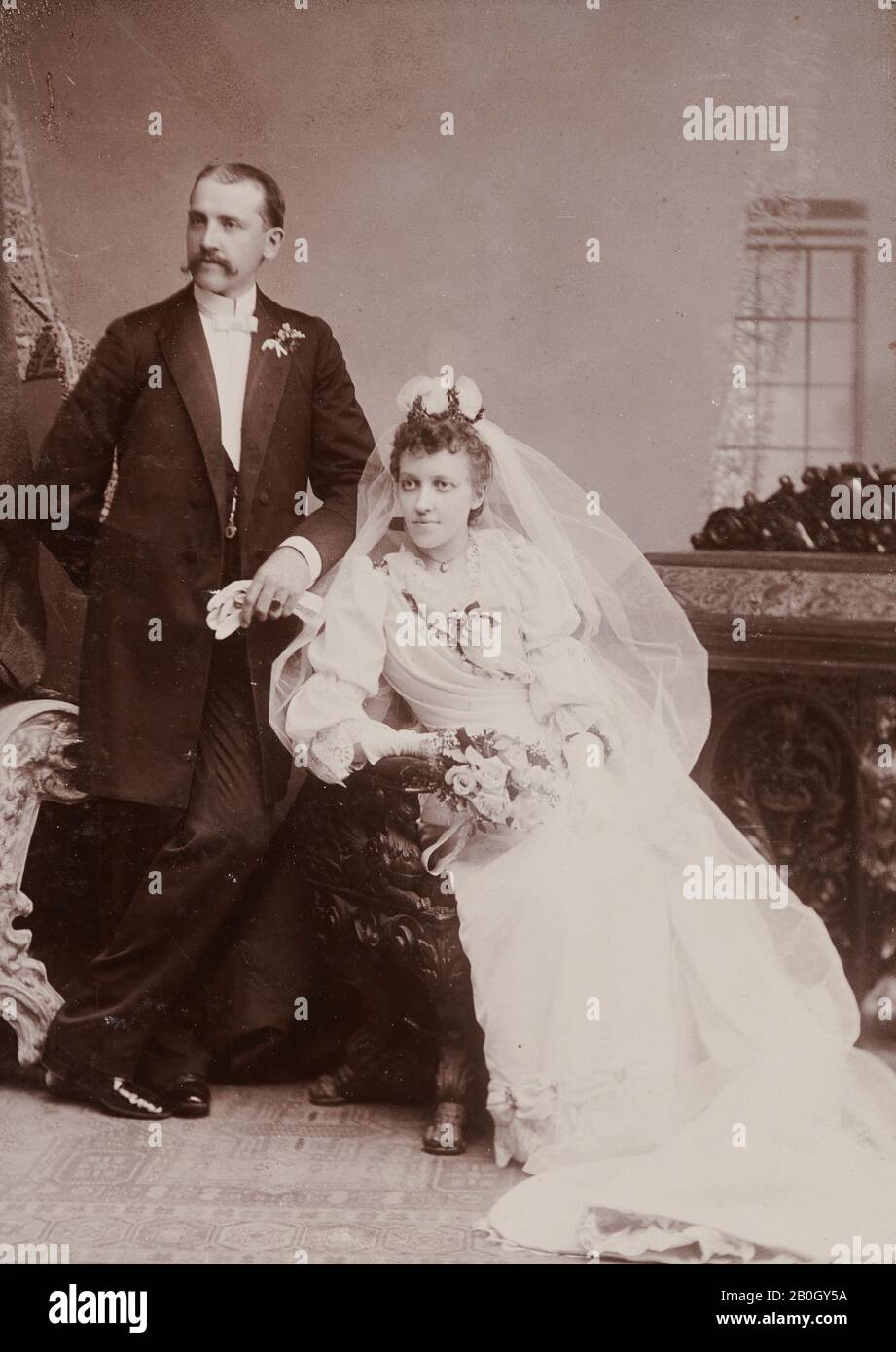 L.M. Melander & Bro., American, active 1870–1900, Wedding Portrait, c. 1900, Glossy collodion print on cardboard, image: 5 1/2 x 3 15/16 in. (14 x 10 cm Stock Photo