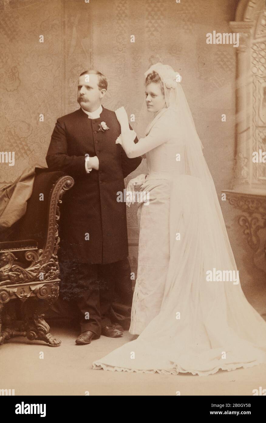 L.M. Melander & Bro., American, active 1870–1900, Wedding Portrait, c. 1900, Glossy collodion print on cardboard, image: 6 x 4 in. (15.2 x 10.2 cm Stock Photo