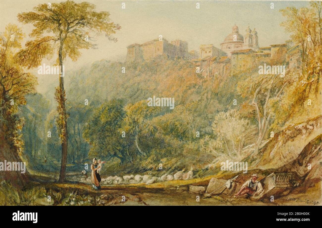 Joseph Mallord William Turner, English, 1775–1851, View of La Riccia (Ariccia), 1817, Watercolor and gouache, with scraping, on cream wove paper, Sheet: 5 3/8 x 8 7/16 in. (13.6 x 21.5 cm Stock Photo