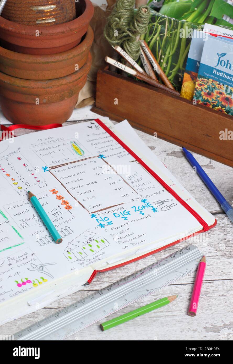 Planning a vegetable garden in late winter with a gardening notebook and seed packets. UK Stock Photo