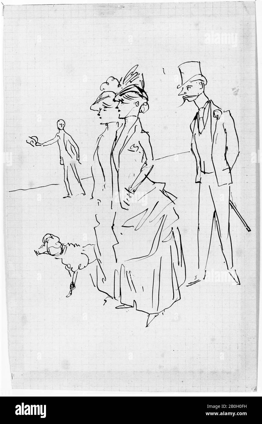 Jean Louis Forain, French, 1852–1931, Flirts and Follower, c. 1890, Pen and black ink on paper squared with printed blue lines, Overall: 8 3/16 x 5 1/4 in. (20.8 x 13.3 cm Stock Photo