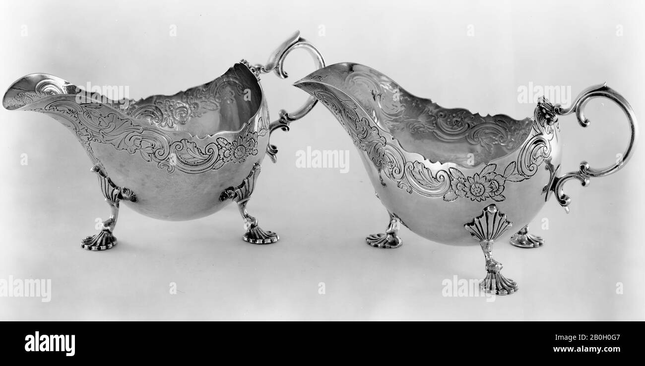 Maker's Mark J.W in script, English | Irish, Pair of Sauce Boats, c. 1750–1775, Silver, [1] 4 7/8 x 9 3/8 x 4 1/2 in. (12.4 x 23.8 x 11.4 cm Stock Photo