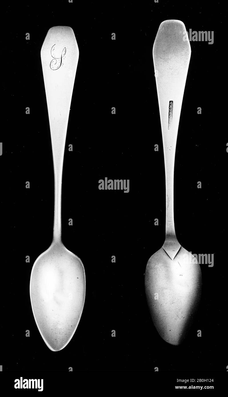 T. P. Drown, American, died 1816, Two Tea Spoons, c. 1800, Silver, Overall: 5 1/2 in. (14 cm Stock Photo