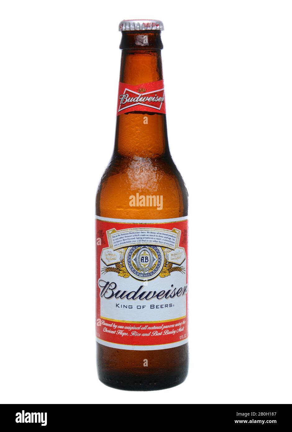 IRVINE, CA - MAY 27, 2014: A single bottle of Budweiser on white with condensation. From Anheuser-Busch InBev, Budweiser is one of the top selling dom Stock Photo
