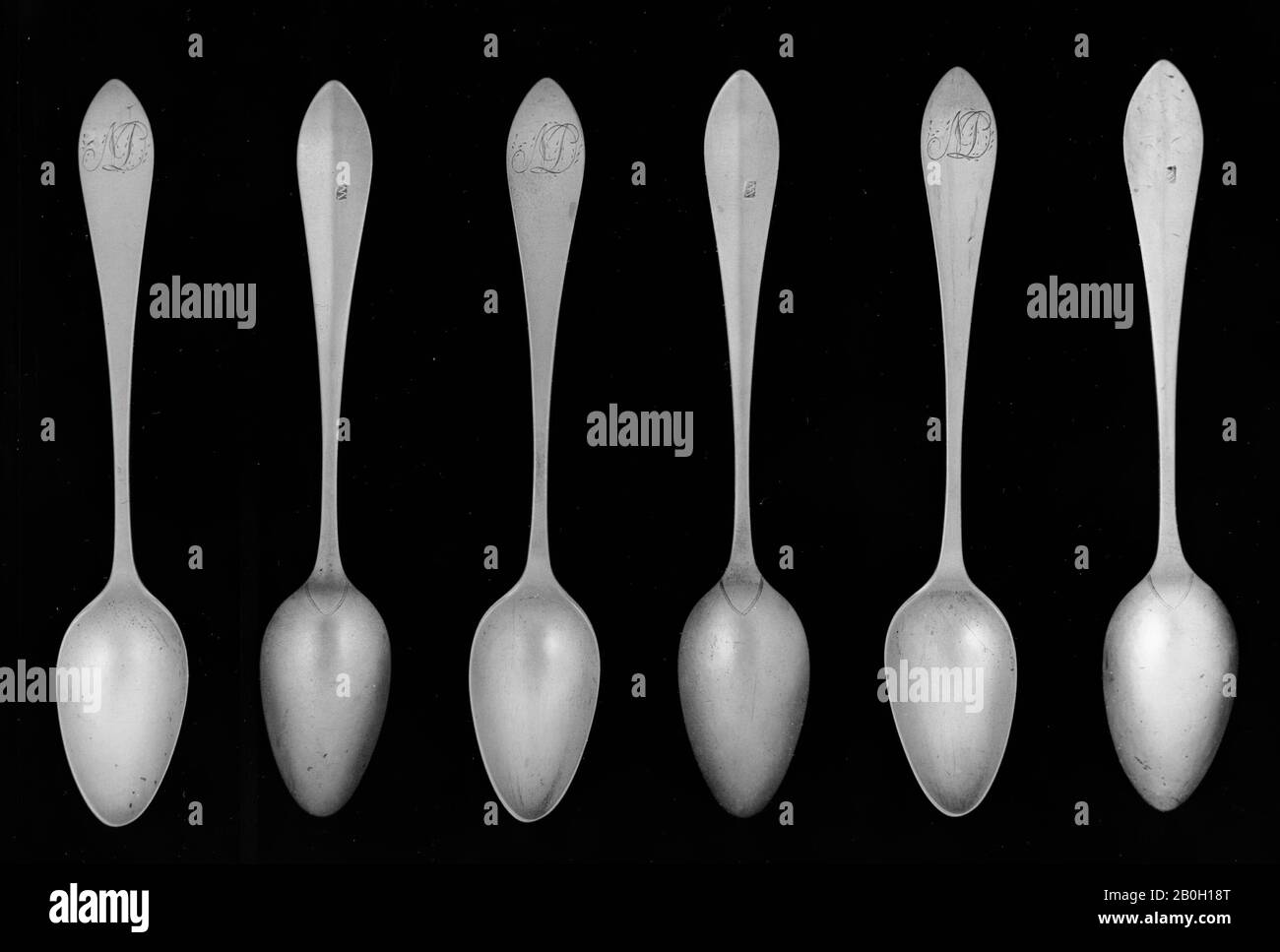 Maker's Mark W, Six Tea Spoons, c. 1790, Silver, Overall: 5 1/2 in. (14 cm Stock Photo