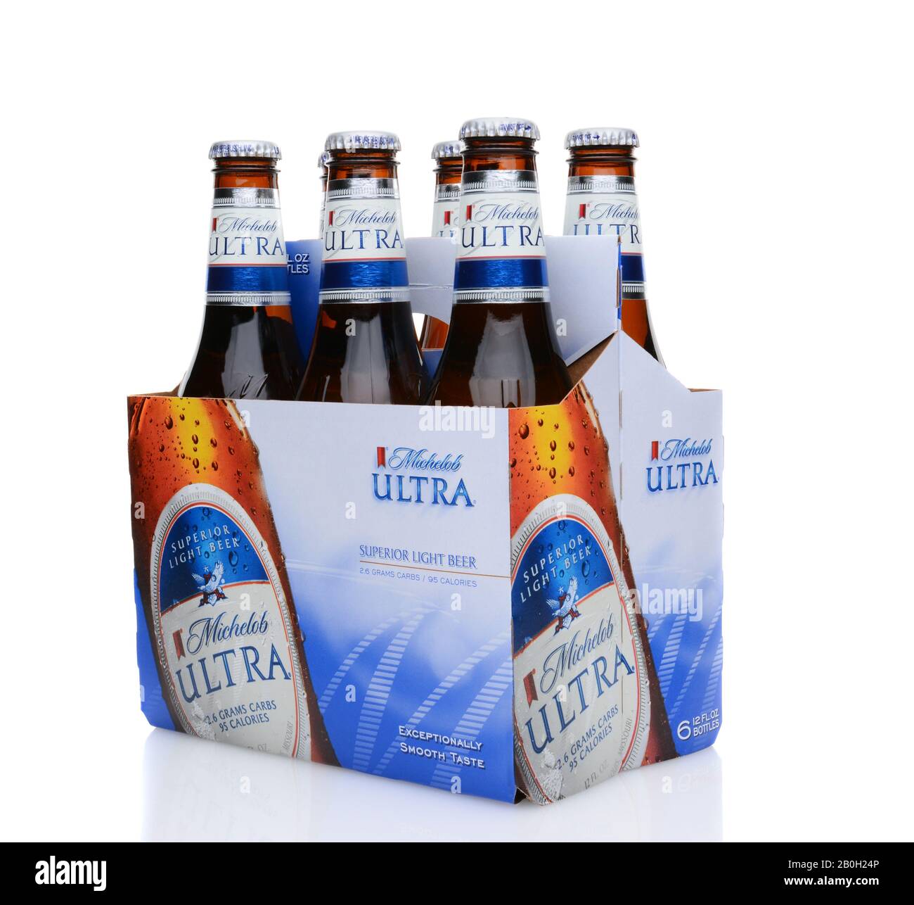 IRVINE, CA - MAY 25, 2014: A 6 pack of Michelob Ultra, 3/4 view. Introduced in 2002 Michelob Ultra is a light beer with reduced calories and carbohydr Stock Photo