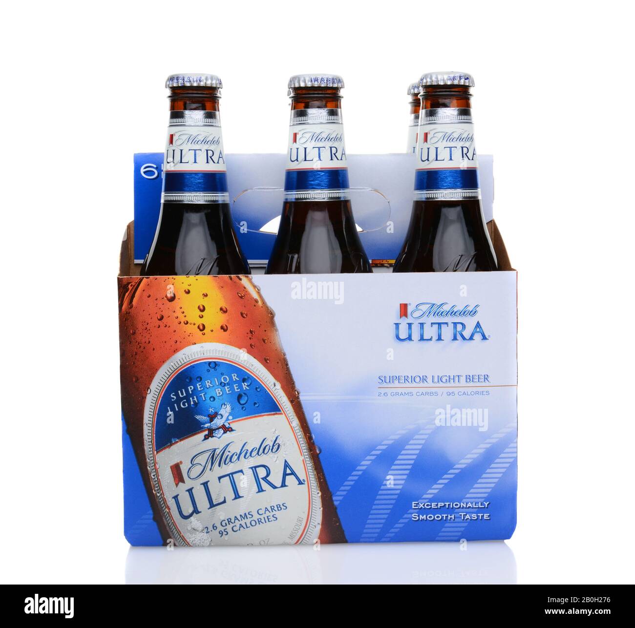 IRVINE, CA - MAY 25, 2014: A 6 pack of Michelob Ultra, side view. Introduced in 2002 Michelob Ultra is a light beer with reduced calories and carbohyd Stock Photo