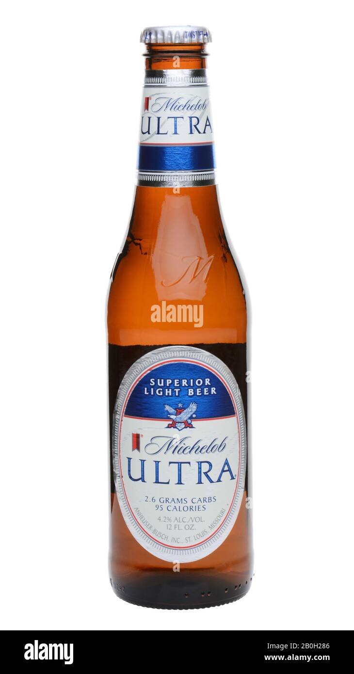 IRVINE, CA - MAY 27, 2014: A single bottle of Michelob Ultra on white. Introduced in 2002 Michelob Ultra is a light beer with reduced calories and car Stock Photo