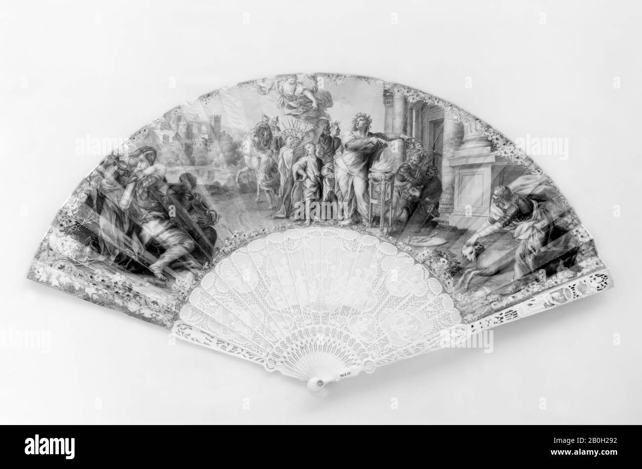 Fan, French, 18th century, French, Kid, ivory, 11 7/8 x 21 3/4 in. (30.2 x 55.2 cm), Fans Stock Photo