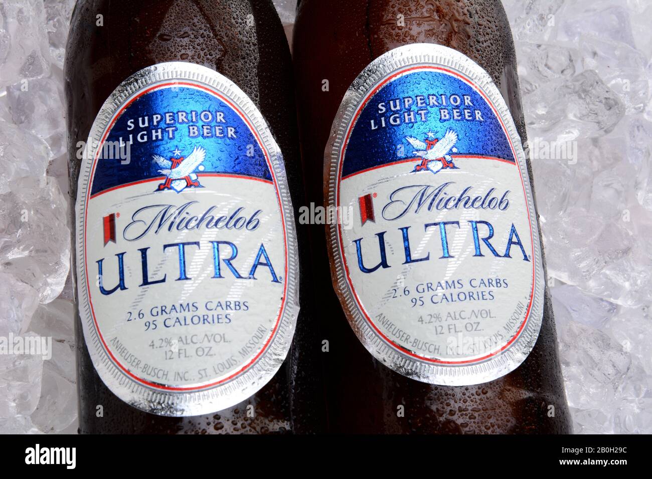 IRVINE, CA - MAY 25, 2014: Two bottles of Michelob Ultra on a bed of ice. Introduced in 2002 Michelob Ultra is a light beer with reduced calories and Stock Photo