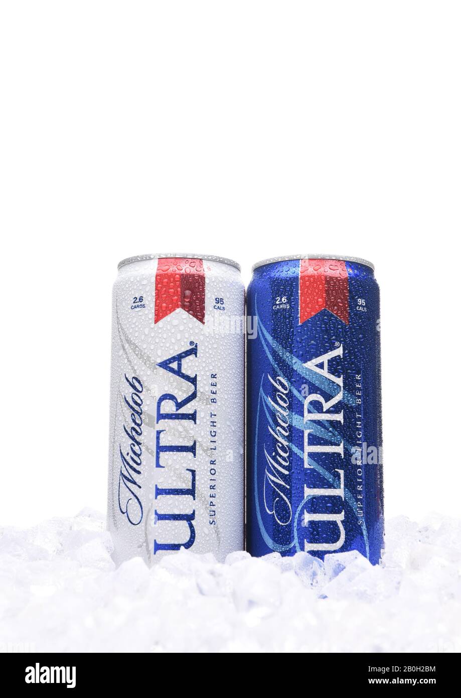 IRVINE, CA - AUGUST 6, 2018: Two Michelob Ultra beer 12 ounce cans in ice. A a low carb and low calorie light beer from Anheuser-Busch. Stock Photo