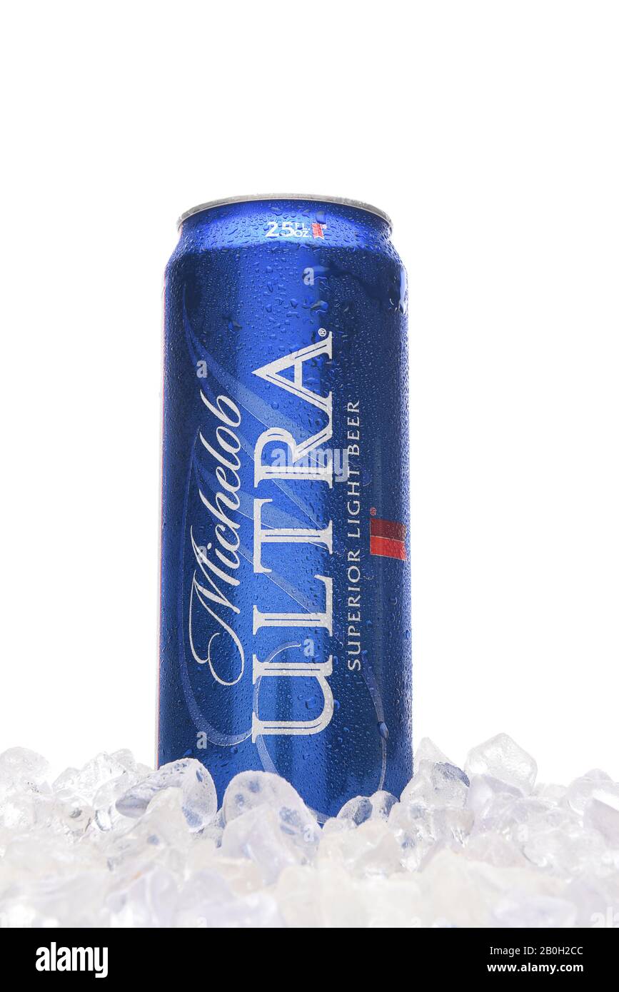 IRVINE, CALIFORNIA - MARCH 21, 2018: A 25 ounce can of Michelob Ultra Beer in ice. A a low carb and low calorie light beer from Anheuser-Busch. Stock Photo