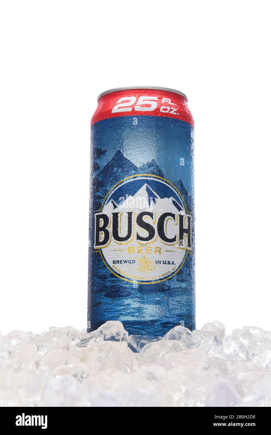 IRVINE, CALIFORNIA - MARCH 21, 2018: A 25 ounce King Can of Busch Beer in ice. An economy brand pale lager introduced in 1955 as Busch Bavarian Beer. Stock Photo