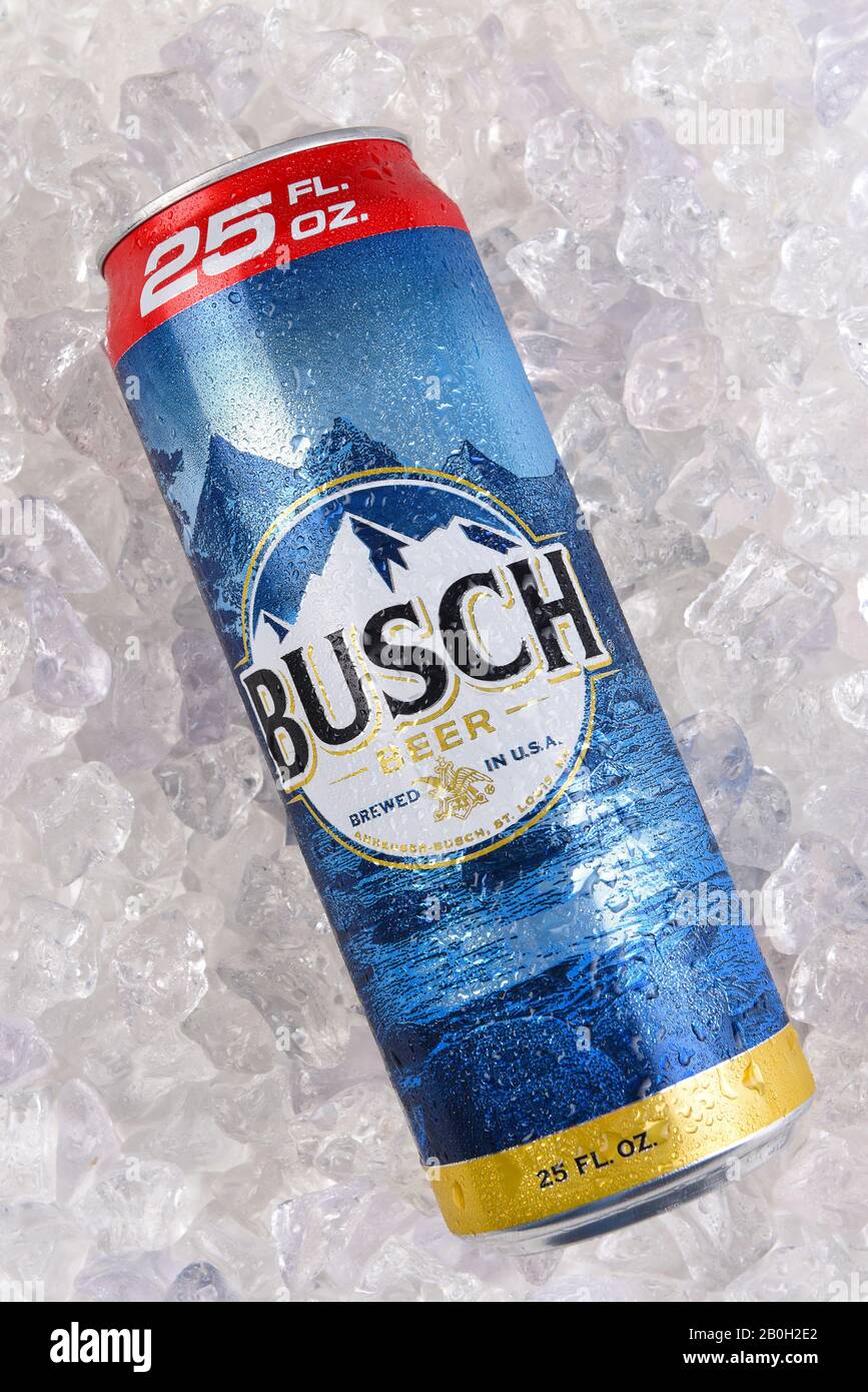 IRVINE, CALIFORNIA - MARCH 21, 2018: A 25 ounce King Can of Busch Beer on ice. An economy brand pale lager introduced in 1955 as Busch Bavarian Beer. Stock Photo