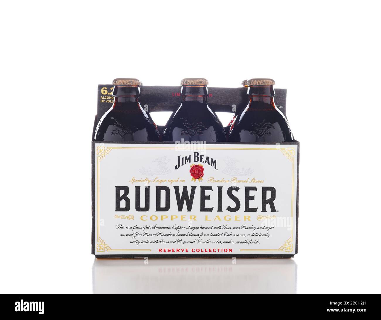 IRVINE, CALIFORNIA - OCTOBER 17, 2018: Budweiser Copper Lager Reserve Collection. The limited edition beer is aged on Jim Beam Bourbon Barrel Staves. Stock Photo