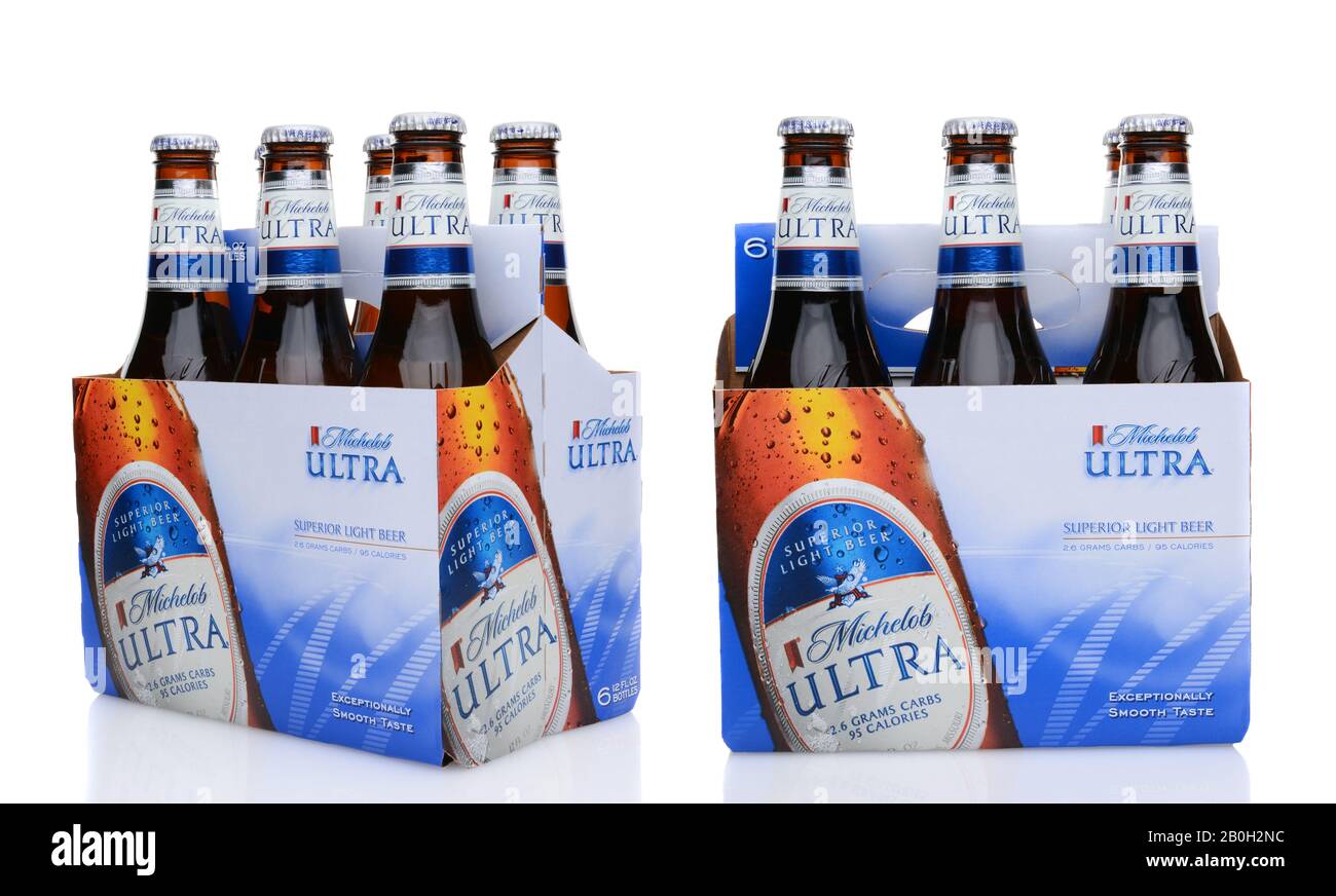 IRVINE, CA - MAY 25, 2014: A 6 pack of Michelob Ultra, side view and 3/4 view. Stock Photo