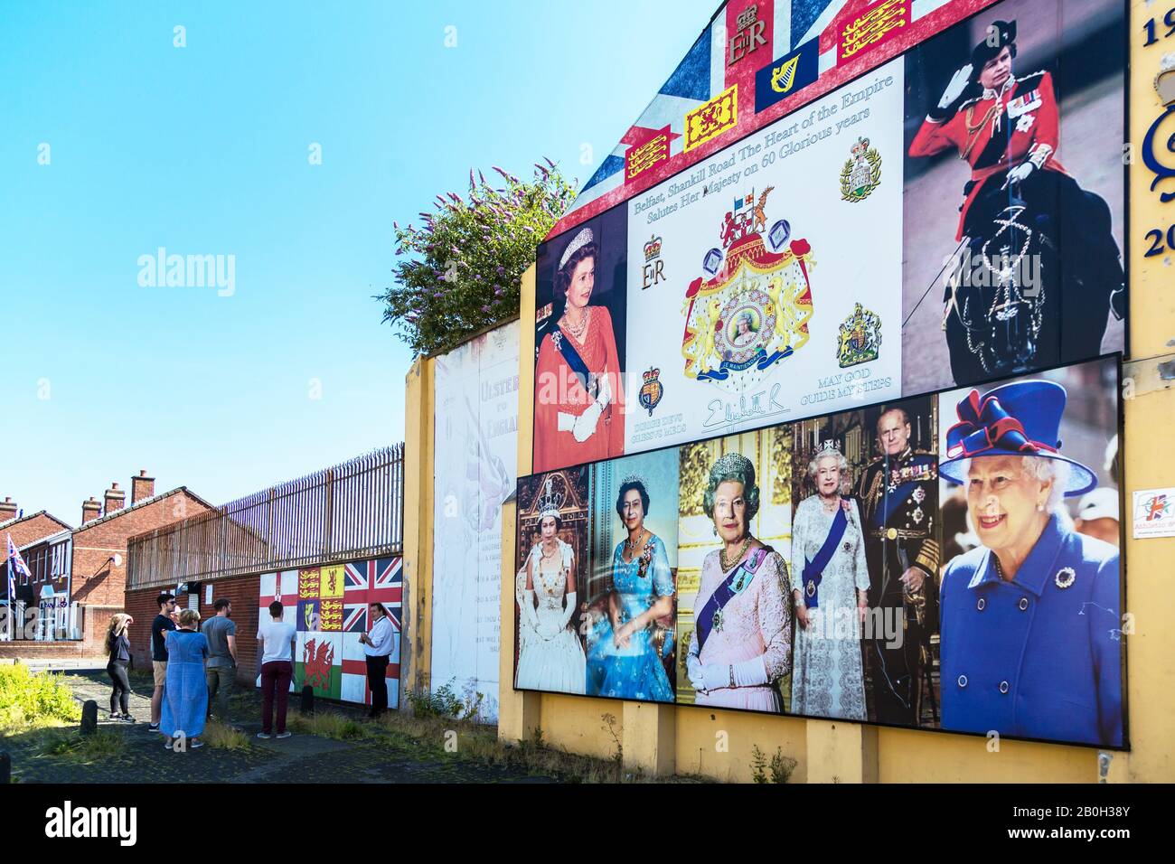 14.07.2019, Belfast, Northern Ireland, Great Britain - Photos of Queen Elizabeth II on house wall, Shankill Road, Protestant part of West Belfast. 00A Stock Photo