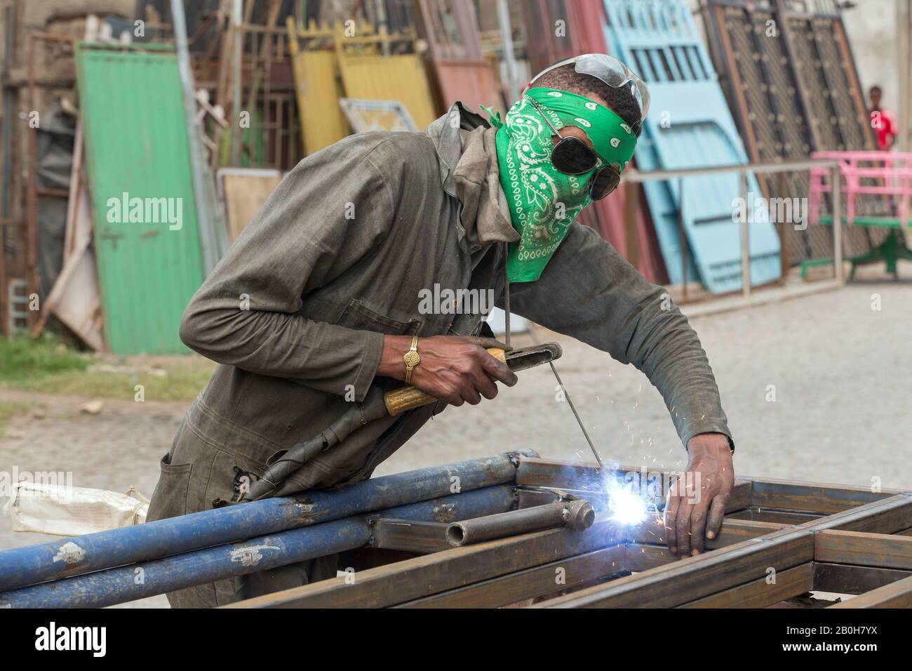 07.11.2019, Adama, Oromiyaa, Ethiopia A locksmith welds gates and
