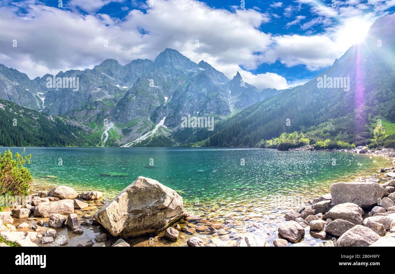 Beautiful landscape of the lake Morske Oko (Sea Eye) on a clear sunny day, Zakopane, Poland, High Tatras Stock Photo