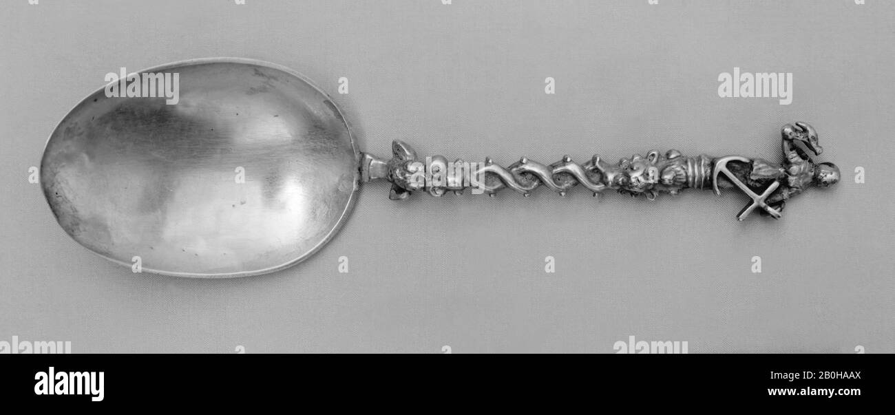 Paul Sierck, Figure-top spoon, German, Cuxhaven, Paul Sierck (1722–after 1782), probably mid-18th century, German, Cuxhaven, Silver, Overall: 6 3/4 × 1 7/8 in. (17.1 × 4.8 cm), Metalwork-Silver Stock Photo