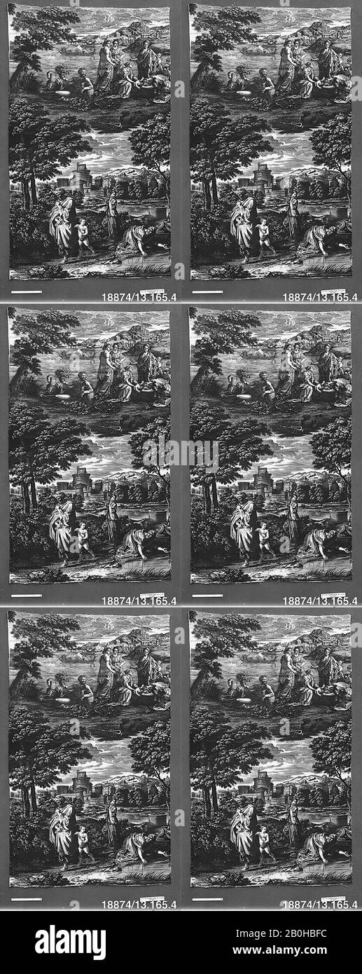 Ferdinand Favre et Cie, Scenes from the Story of Moses, French, Nantes, Engraved by Samuel Cholet (1786–1874, working in Nantes until 1836), After Nicolas Poussin (French, Les Andelys 1594–1665 Rome), ca. 1820, French, Nantes, Cotton, L. 37 1/2 x W. 22 1/2 inches, 95.3 x 57.2 cm, Textiles-Printed Stock Photo