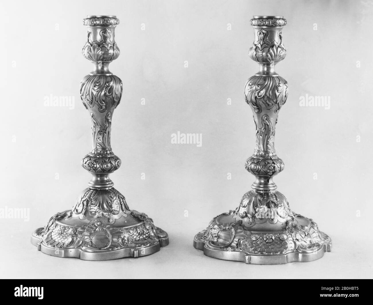 George Wickes, Set of four candlesticks, British, London, George Wickes (British, Bury St Edmunds, Suffolk 1698–1761 Thurston, Suffolk), 1741–42, British, London, Silver, Height (each): 8 7/8 in. (22.5 cm), Metalwork-Silver Stock Photo