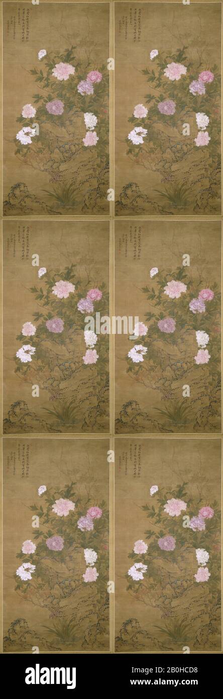After Yun Shouping, Tree Peonies, China, Qing dynasty (1644–1911), After Yun Shouping (Chinese, 1633–1690), China, Hanging scroll; ink and color on silk, Image: 69 5/8 x 35 in. (176.8 x 88.9 cm), Overall with mounting: 121 1/2 x 43 in. (308.6 x 109.2 cm), Overall with knobs: 121 1/2 x 46 1/2 in. (308.6 x 118.1 cm), Paintings Stock Photo