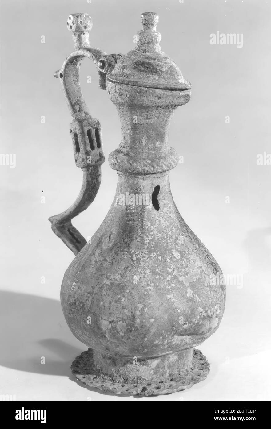 Ewer, 8th–9th century, Attributed to Iran, Bronze; cast, engraved, and pierced, H. 6 7/16 in. (16.4 cm), W. 4 in. (10.2 cm), D. 2 7/8 in. (7.3 cm), Wt. 14.5 oz. (411.1 g), Metal Stock Photo