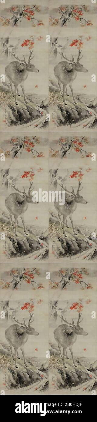 Taki Katei, Deer by Mountain Stream, Japan, Meiji period (1868–1912), Taki Katei (Japanese, 1830–1901), dated January 1896, Japan, Hanging scroll; ink and color on silk, 43 1/16 x 16 3/8 in. (109.4 x 41.6 cm), Paintings Stock Photo
