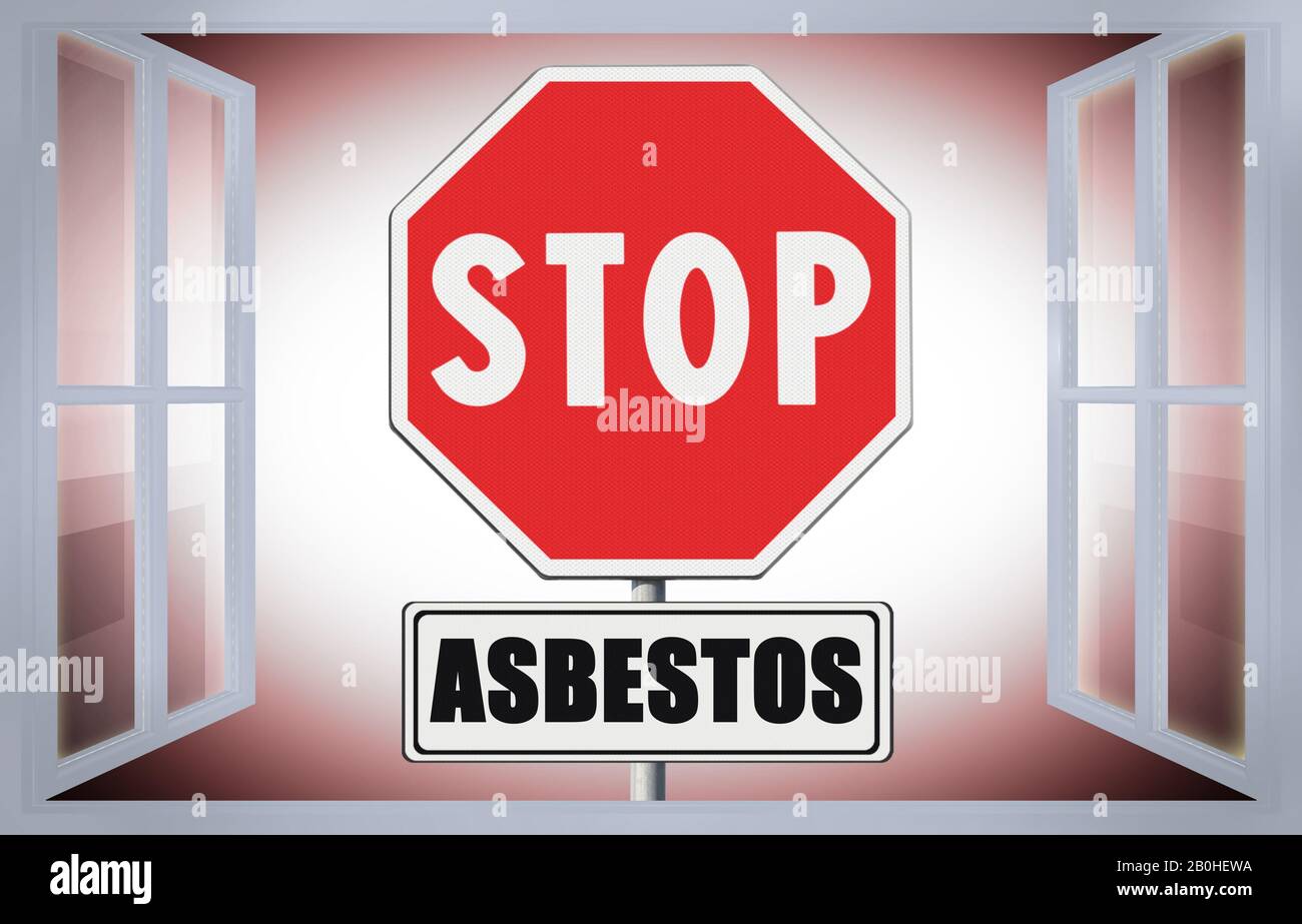 Stop asbestos concept image on road sign view from the window Stock Photo