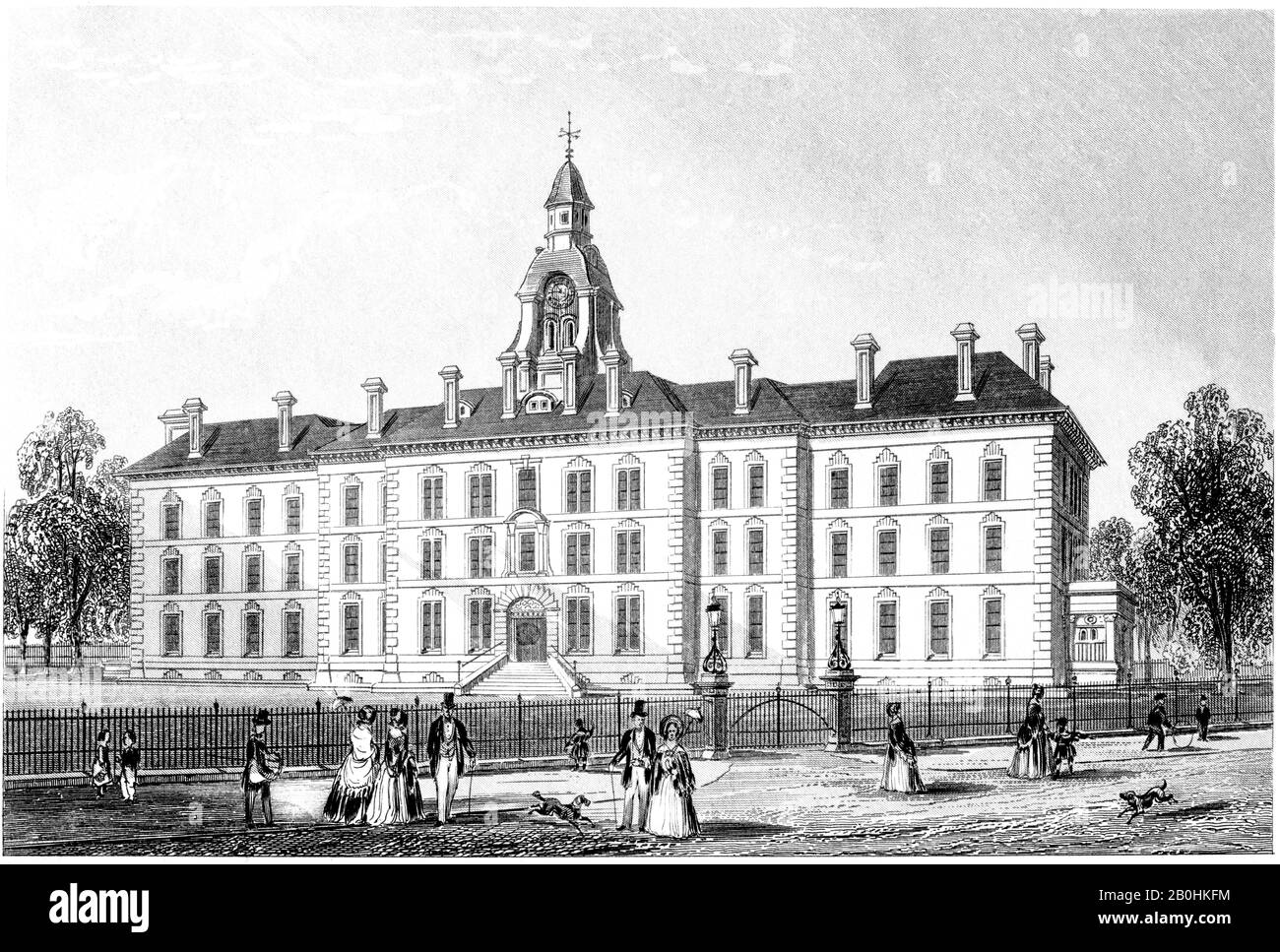 An engraving of the New Consumption Hospital Now Building Near Victoria Park scanned at high resolution from a book printed in 1851. Stock Photo