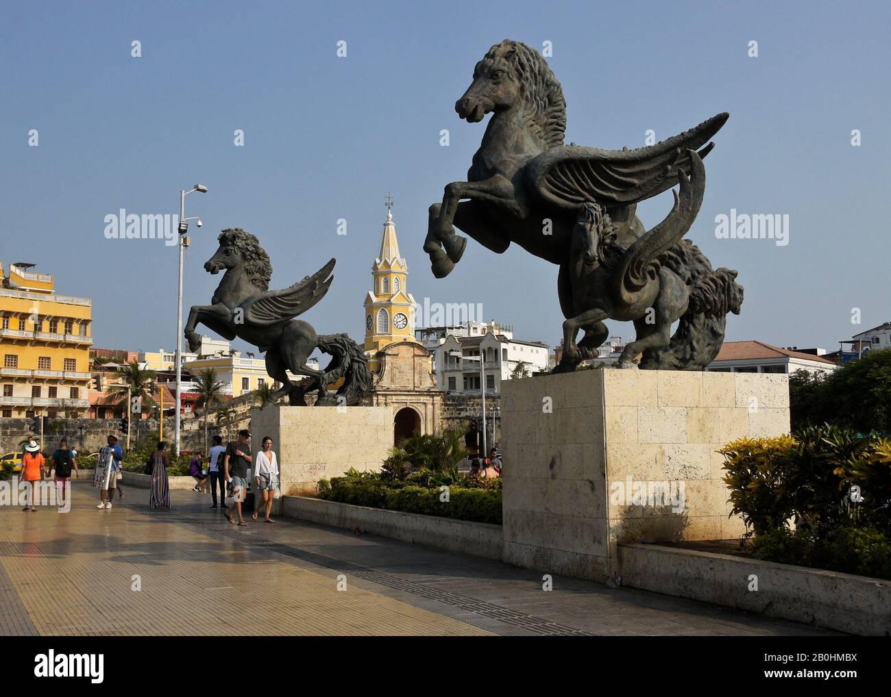 Pegasus sculptures on Paseo de los Martires near the Clock Tower (Torre del Reloj) entrance to the old walled city, Cartagena, Colombia Stock Photo